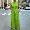 Womens Sleeveless Jumpsuit Wide Leg Casual Solid Color Round Neck Belted Waist Tie One Piece Romper