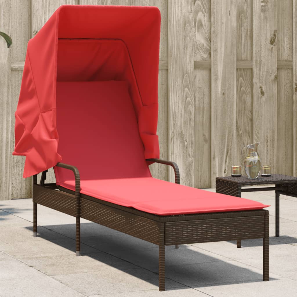Brown Sun Lounger with Sun Canopy Poly Rattan