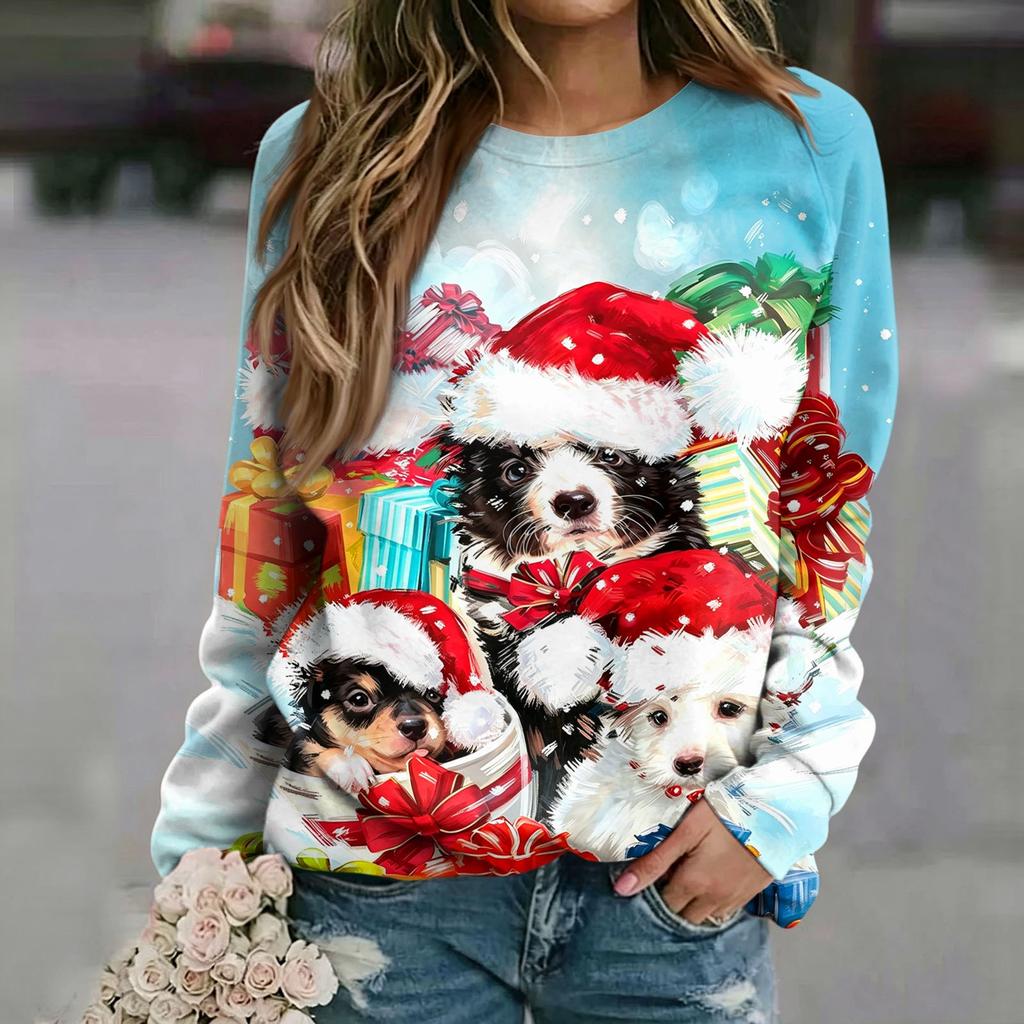 Women's Casual Neck Long Sleeve Raglan Christmas Print Pullover Sweatshirt