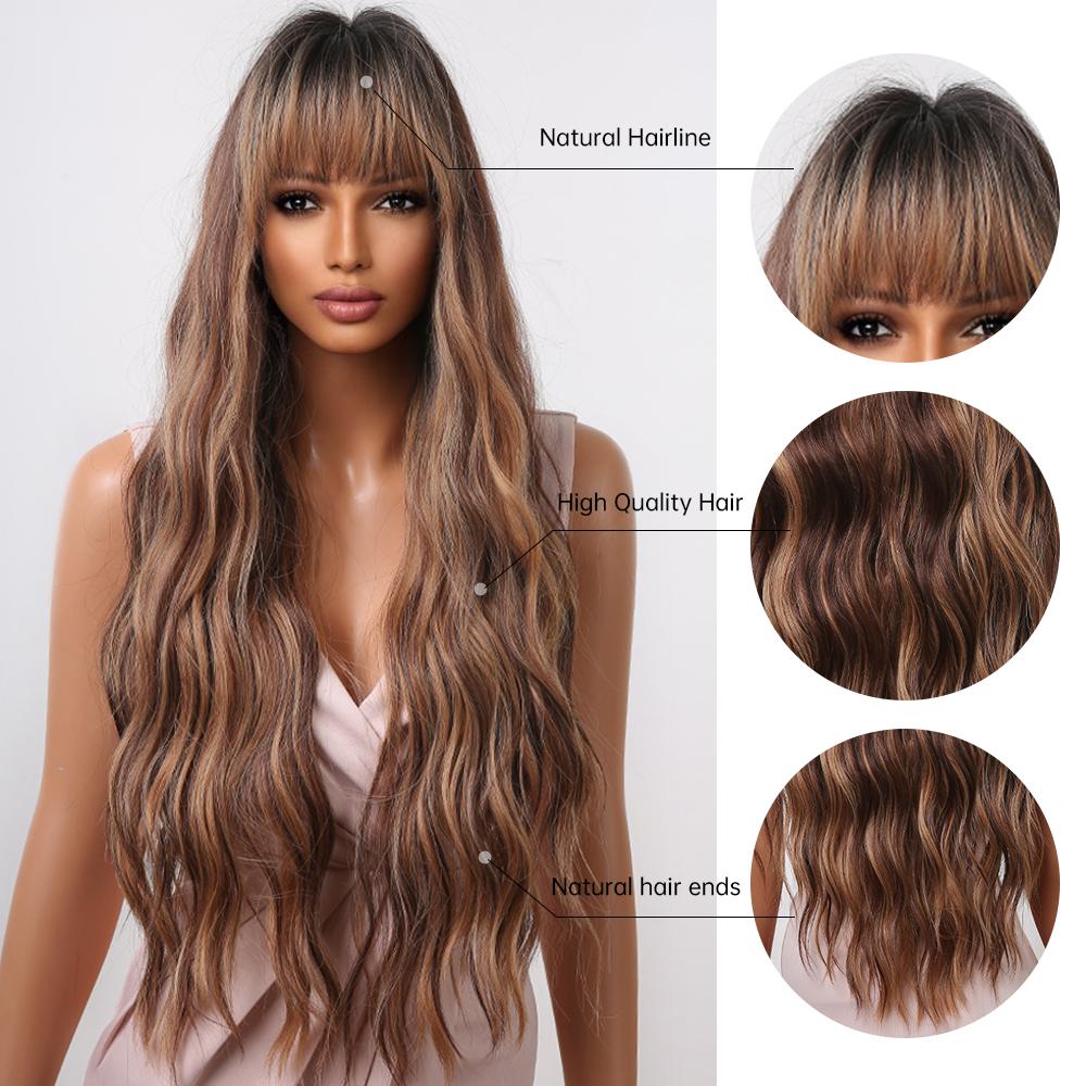Synthetic Long Curly Highlight Wigs With Bangs Mixed Chocolate Brown Golden Blonde Hair Wigs for Black Women Afro Heat Resistant