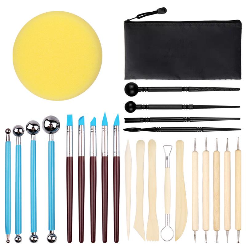 25-Piece Pottery Clay Tools Set with Waterproof Zipper Bag & Birch Wood Carving Knife