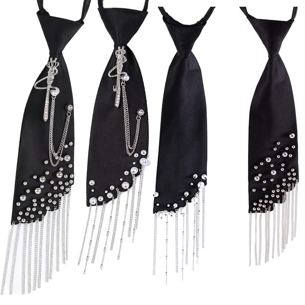 Geometric Black Satin Tie With Crown Chain Pearl Tassels For Business And Party Wear