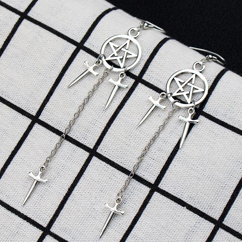Pentagram Sword Earrings Silver Plated Hug Hoop Pendant Witch Jewelry Pagan Wikentaro Gothic Emo Women's Gift