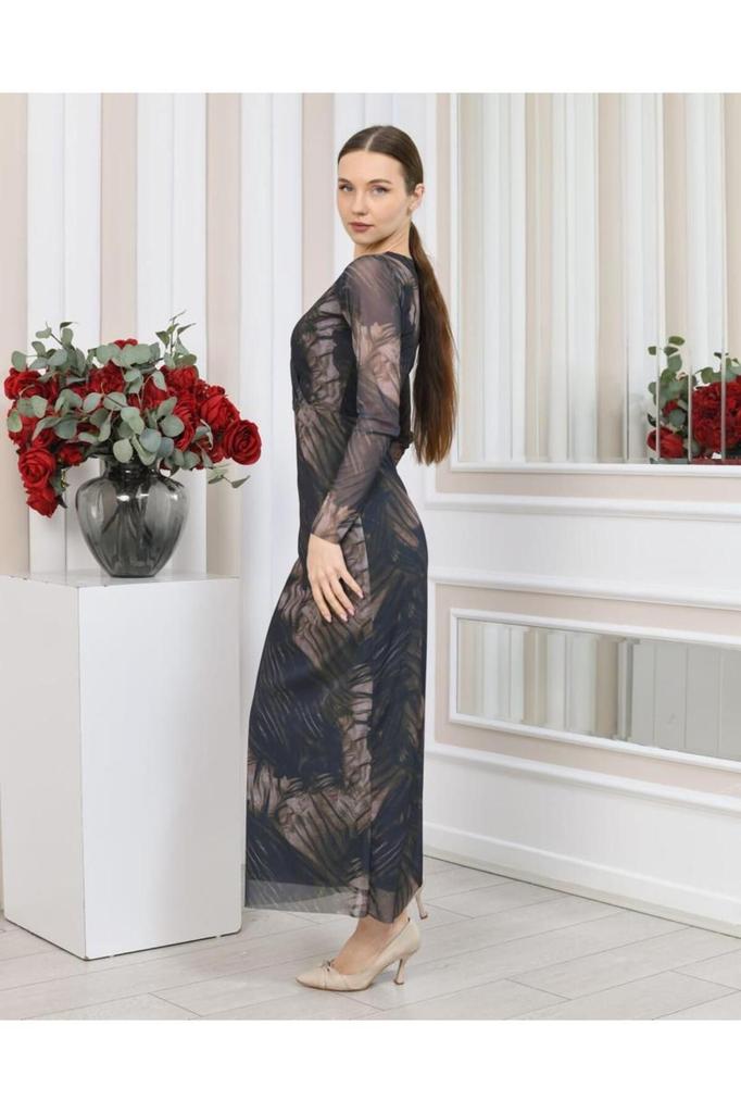 Women's Big Size Dress V-Neck Lycra Printed Tulle Dress