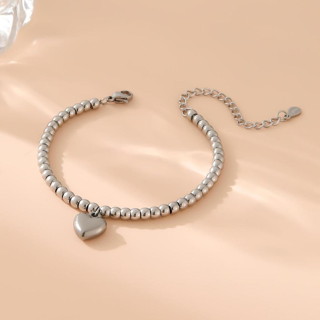 Stainless Steel Heart & Round Bead Gold Bangle Bracelet for Women