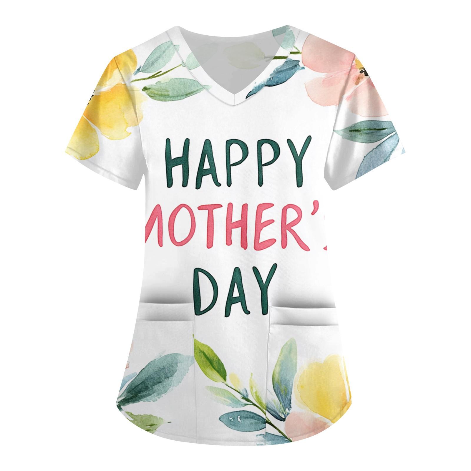 Women s Fashion V-neck Short-sleeved Work Clothes With Pockets Mother s Day Print Top Care Wear L