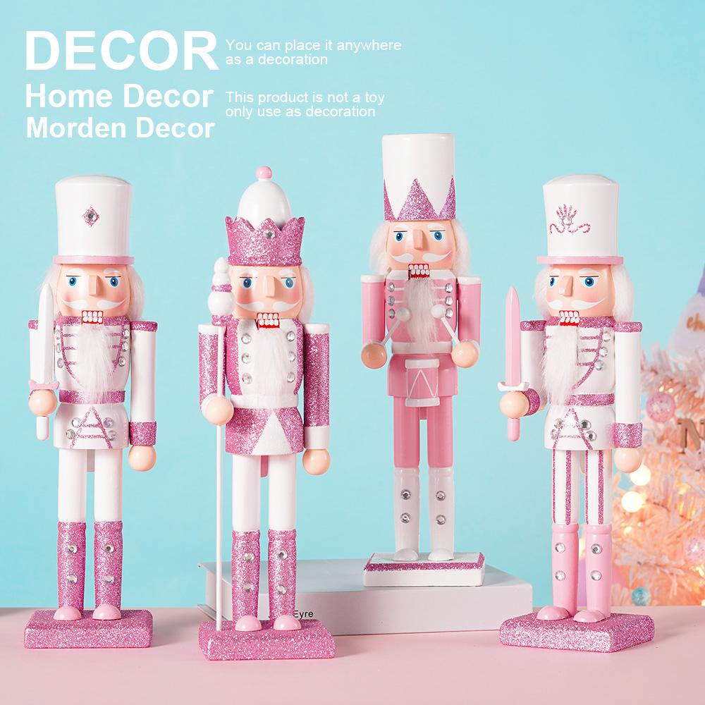 30CM Wooden Nutcracker Solider Figurine Puppet Pink Glitter Soldier Doll Toy Handcraft Ornament Christmas Home Office Decoration