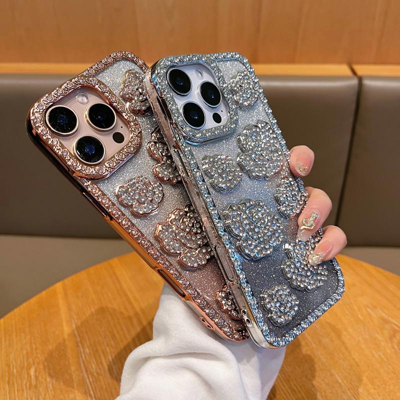 Applicable To IPhone16ProMax Rose Mobile Case Inlaid with Rhinestones Apple 15 Luxury Electroplating 14 Protective Case