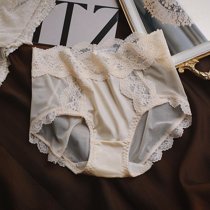 

Ladies Summer Sexy Lace Satin Cool Feel Ice Silk Breathable Mesh Gauze Medium High Waist Briefs XL тілесний