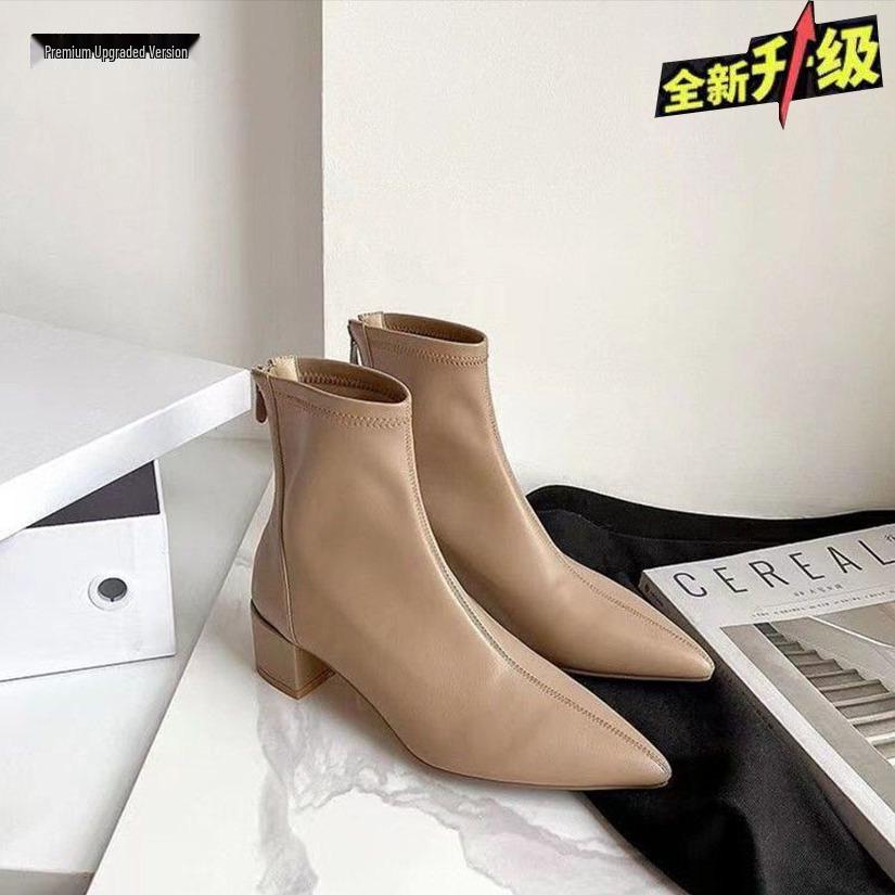 

Ya Pavilion Women s Autumn/Winter Milk Tea Ankle Boots – Pointed Toe, Chunky Heel, French Style in White Nude. Standard size
