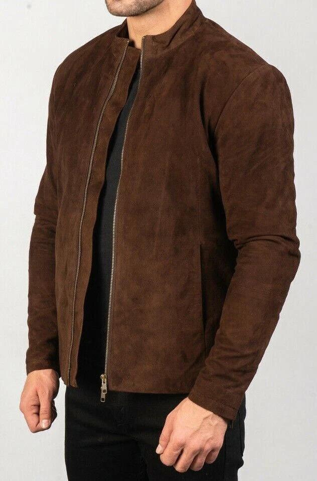 Motorcycle Genuine Lambskin Stylish Leather Brown Suede Zip Jacket Handmade Men's Biker