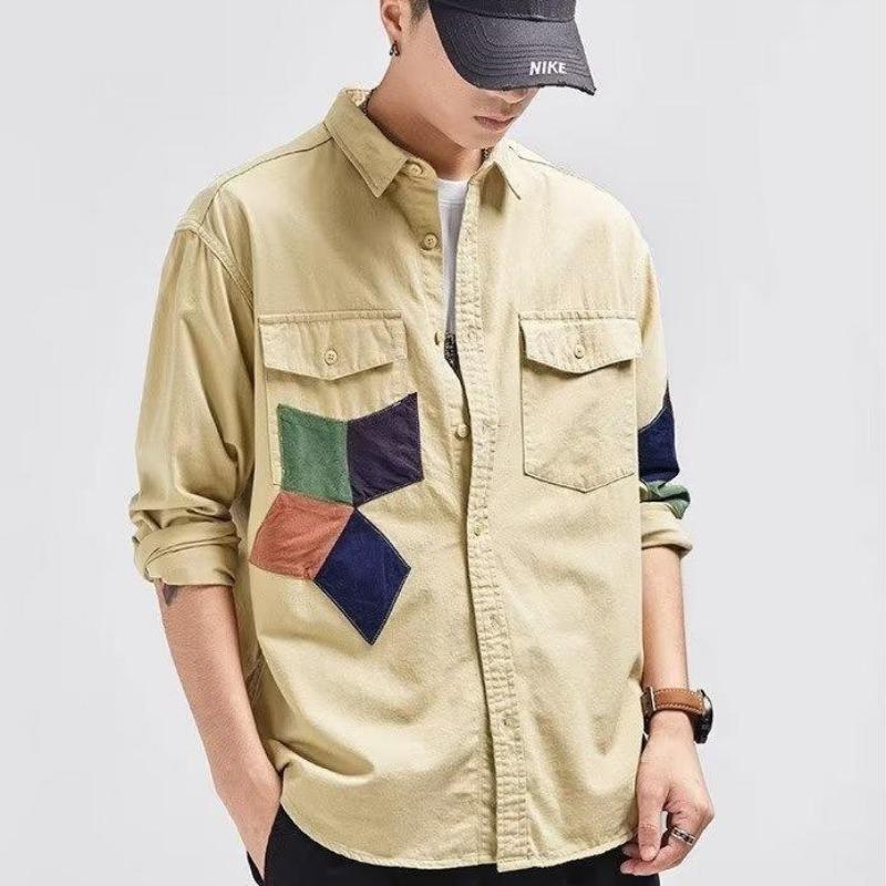 

Men s Patchwork Dual Pocket Roll Up Sleeve Button Down Shirt Casual Workwear Streetwear Top S хакі