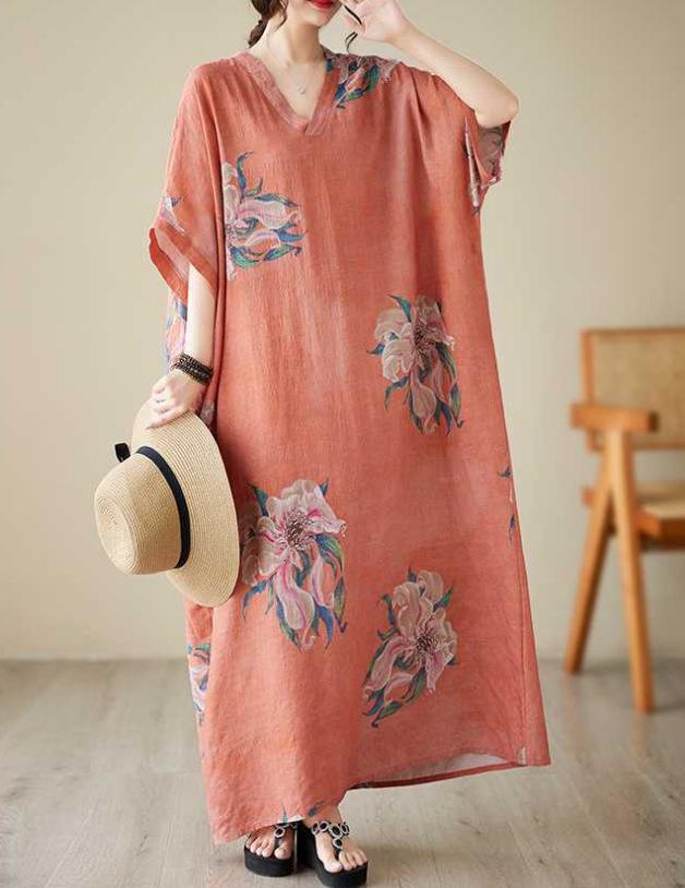 Summer Plus Size Loose Fit Vacation V-Neck Short Sleeve Maxi Dress Women Beach