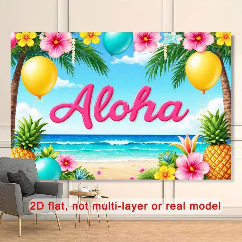 2D Luau Party Background, "Aloha" Tropical Beach & Hibiscus 2D Decor