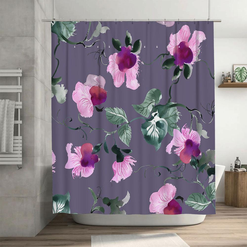 Purple Floral Shower Curtain With Green Leaves Watercolor Print Bathroom Decor For Home Pink Lavender Green