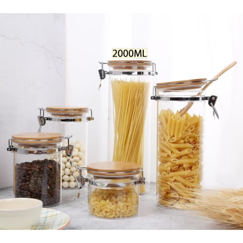 KKC Pasta Storage Container, Glass Pasta Case, Airtight Pasta Canister, Pasta and Noodle Storage Container with Glass and Bamboo Lid, 2000ml