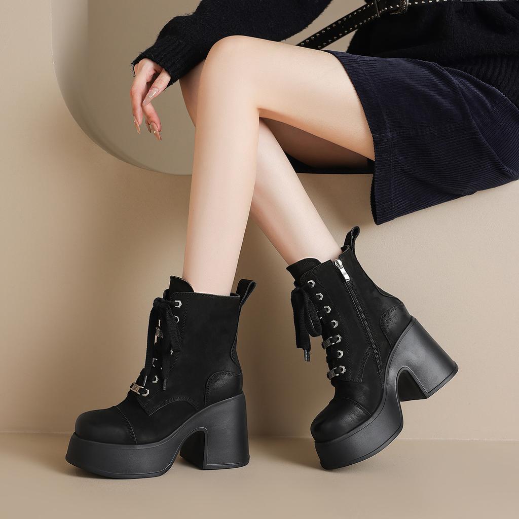 Polished retro muffin platform Martin boots women's 2025 autumn and winter velvet leather thick heel British style super high heel short boots