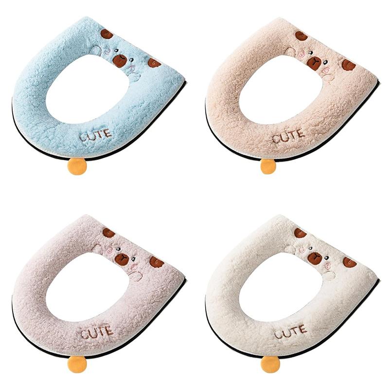 Winter Warm Toilet Seat Cover With Cartoon Bear Pattern Thicken Cushion Bathroom Essential Kids Friendly Cartoon Cover