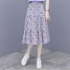 WTEMPO Women's Purple Floral Half Skirt Chiffon Mid Length Skirt Loose Elastic Waist
