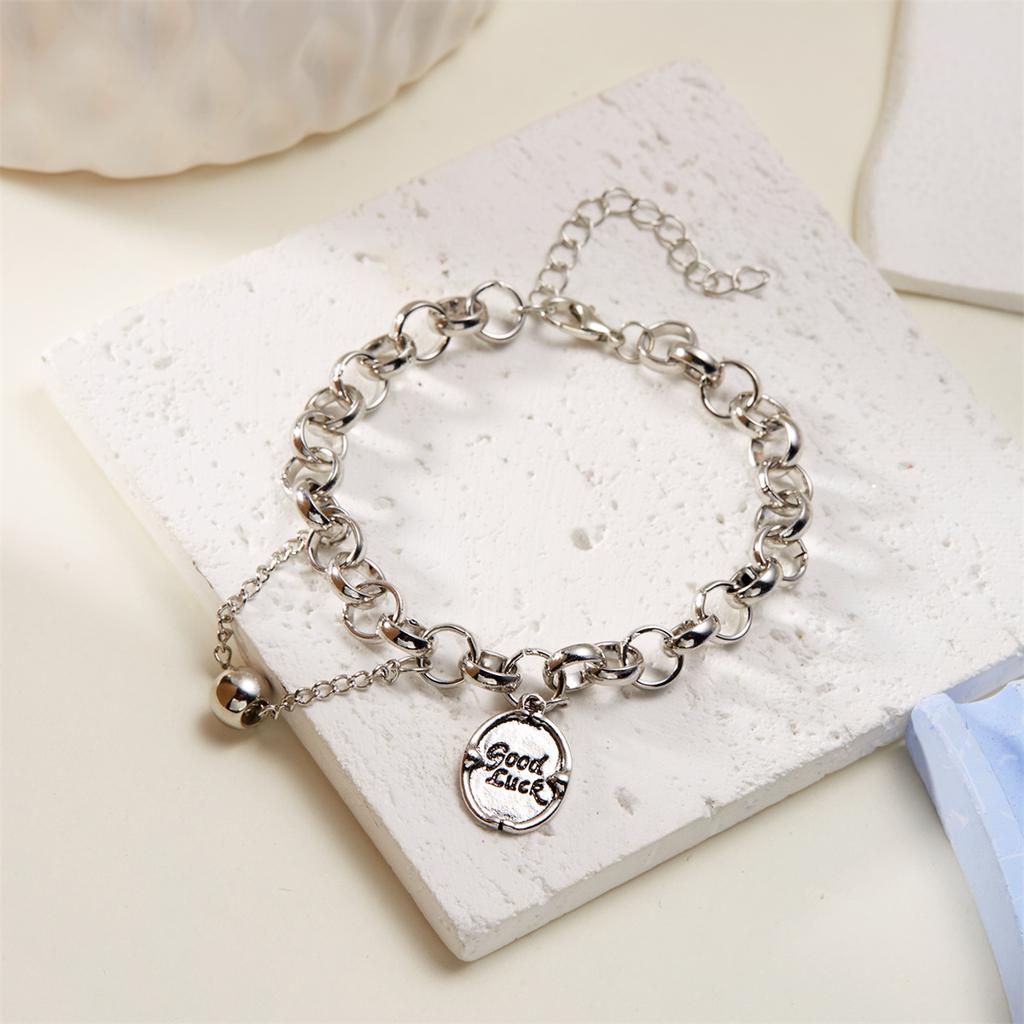 Silver Color Good Luck Letter Plate Pendant Bracelets For Women Vintage Geometric Round Ball Charm Bracelet Punk Party Jewelry