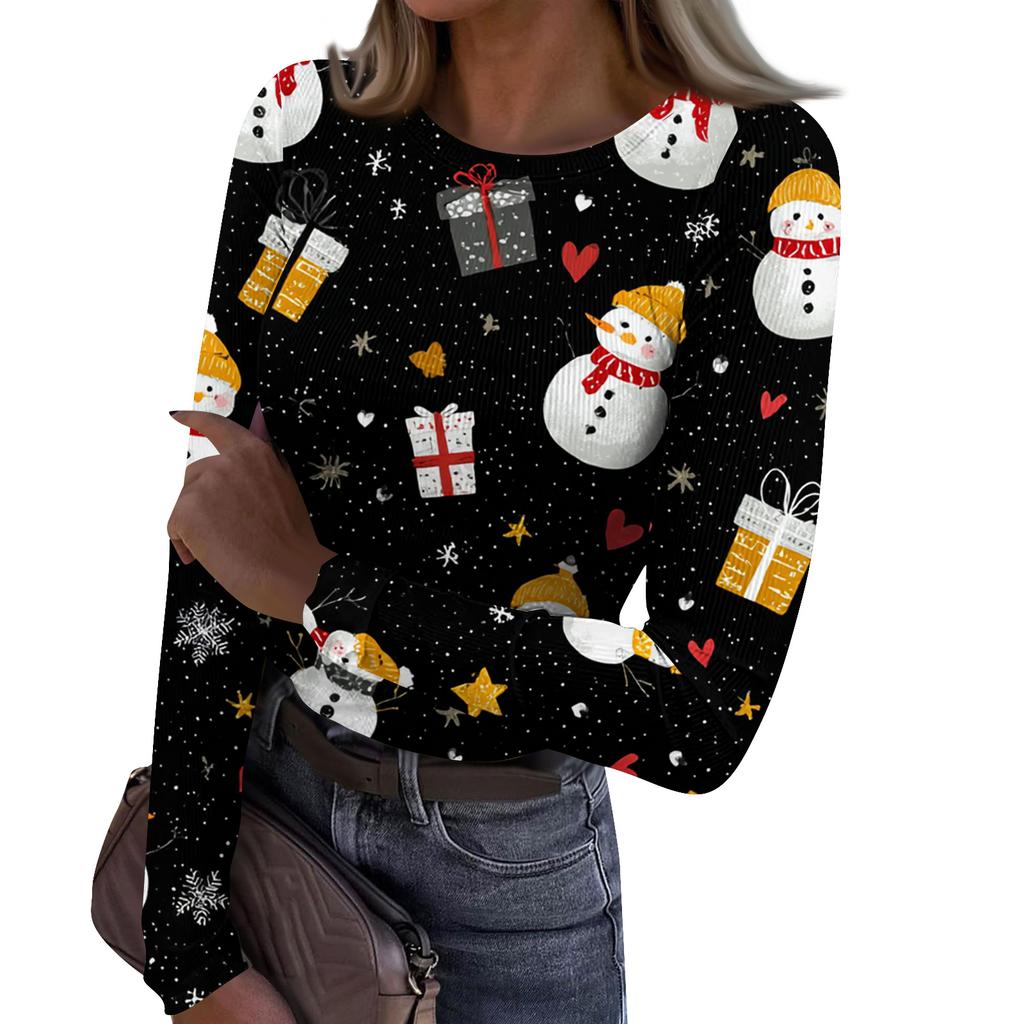 Women's Fashion Slim-Fit Round Neck Base Layer T-Shirt Christmas Print Long-Sleeved Top