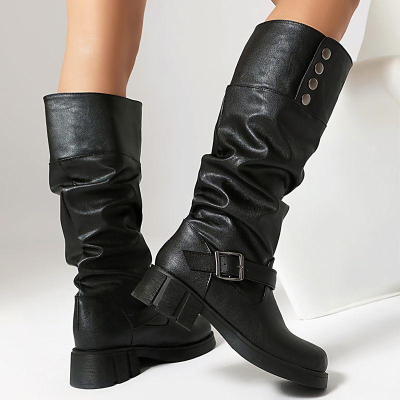 2025 Vintage Women Boots Round Toe Thick Heels 4.5cm Slip On Belt Buckle Metal Decor Plus Size 41 42 43 Leisure Bota
