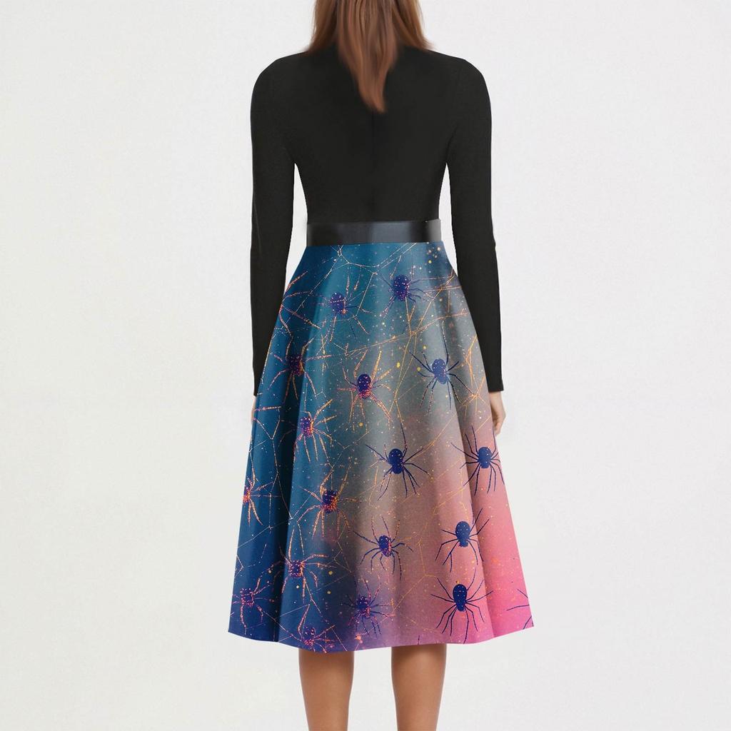 Women's Fashion O-Neck Casual Slim Fit Halloween Printed Long Sleeve Dress