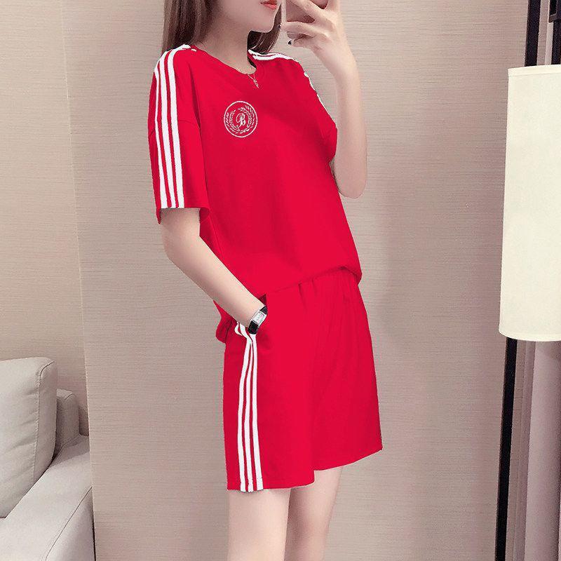 Leisure Sports Outfit - Loose-fitting Fashionable Summer Dress with Short Sleeves and Shorts. Running Suit Set In Two Pieces. Fashionable Summer Wear.