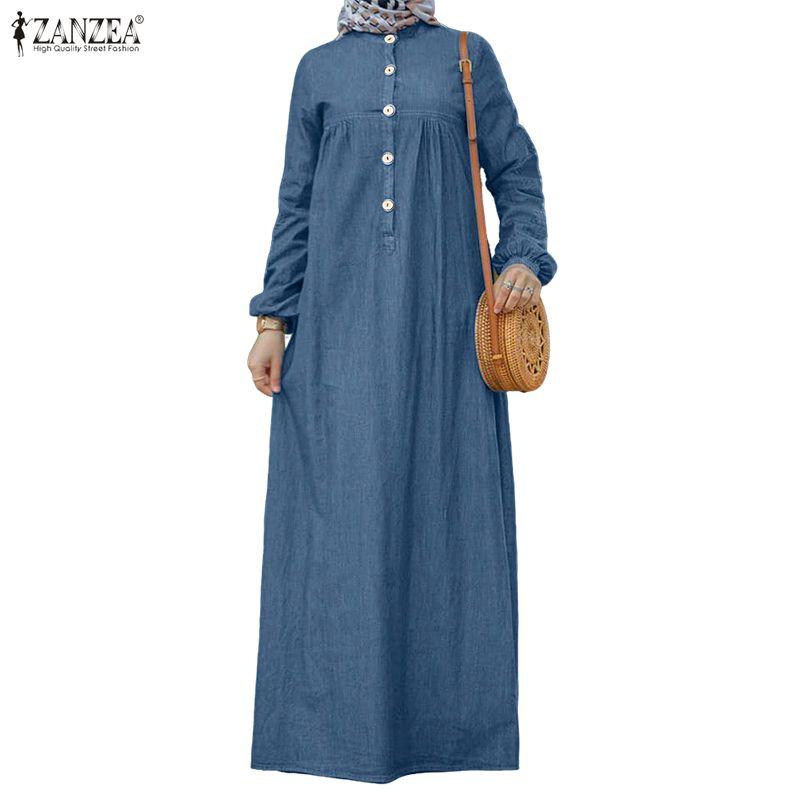 ZANZEA Vestido largo suelto informal de manga larga con cuello redondo para mujer