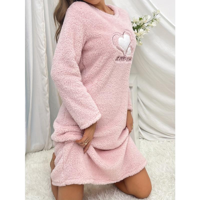 Rosa Liebesherz Pyjama Damen Nachthemd Flanell Herbst Winter Lange Ärmel Nachtwäsche Niedlicher Pyjama Warme PJs Weiche Pj Gemütlich Bequem Mädchen