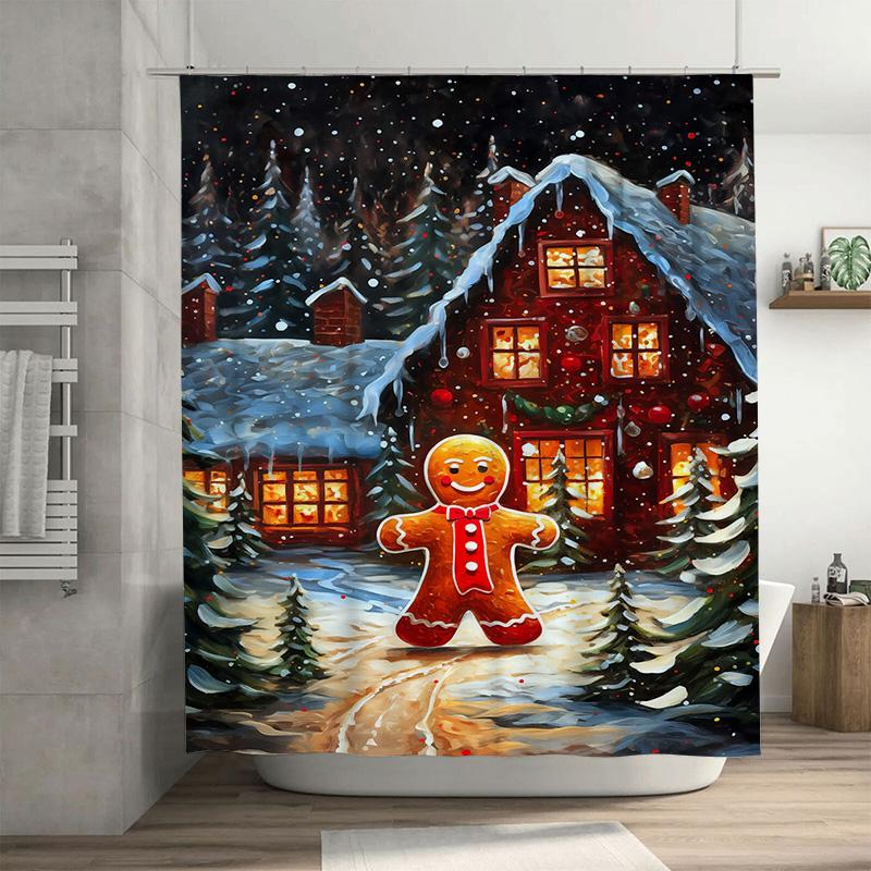 

Tuniu Charming Gingerbread House Shower Curtain Festive Holiday Decor Cozy Winter Forest Bathroom Set Cute Christmas Village Bac W60H190(CM)-1 Pcs