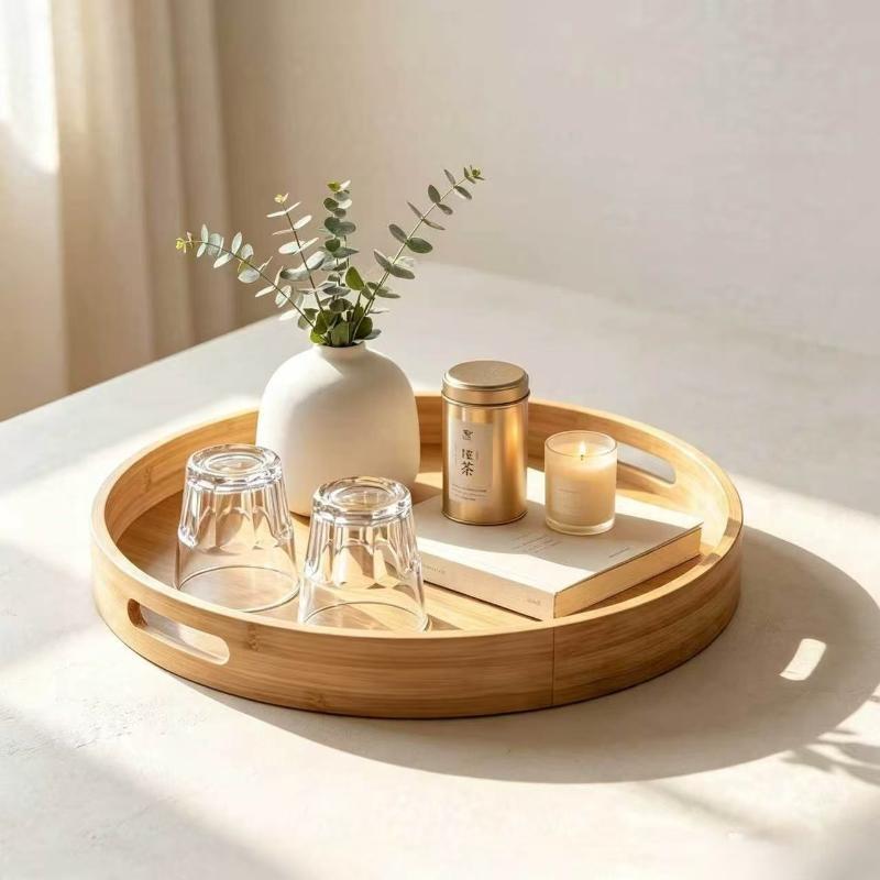 Round Bamboo Serving Tray With Handle Smooth Edge Wooden Platter 25-40CM for Bed Breakfast Snack Tea Serving Use