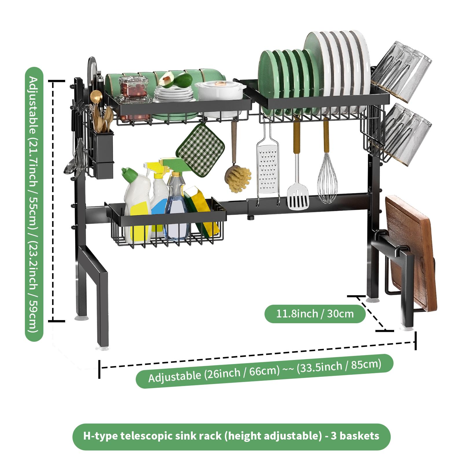 

Большая сушилка для посуды над раковиной Полка для хранения кухонных столовых приборов Регулируемая высота и длина Нержавеющая черная