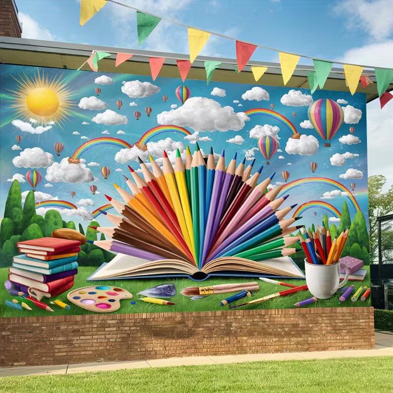 Colorful Pencil & Book Backdrop, Art Classroom Photography Background