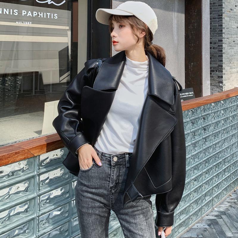 Genuine Leather Jacket for Women Spring and Autumn New Style Sheepskin Jacket Temperament Short Korean Style Loose Leather Jacket Trendy