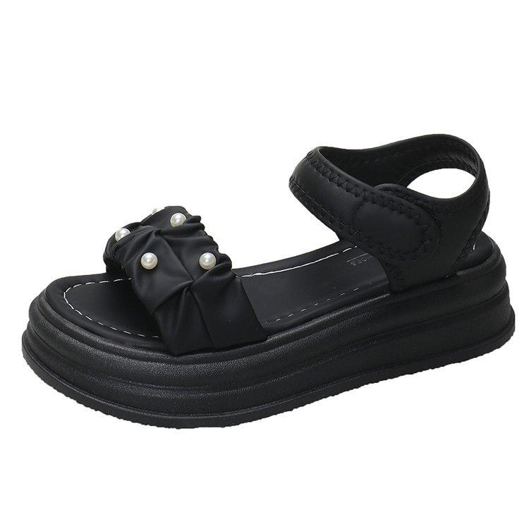 SyfIyno Summer New Pleated Belt Hanging Pearl Women's Sandals Thick Soled Outer Casual Self-adhesive Buckle Beach Shoes Sandals