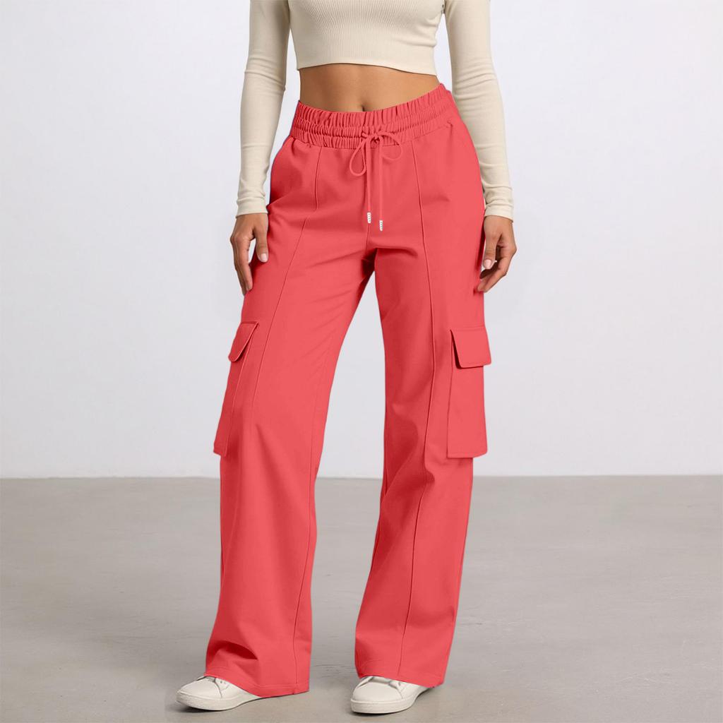Women's Casual Fashion Solid Color Elastic Waist Drawstring Workwear Wide Leg Pants With Pockets