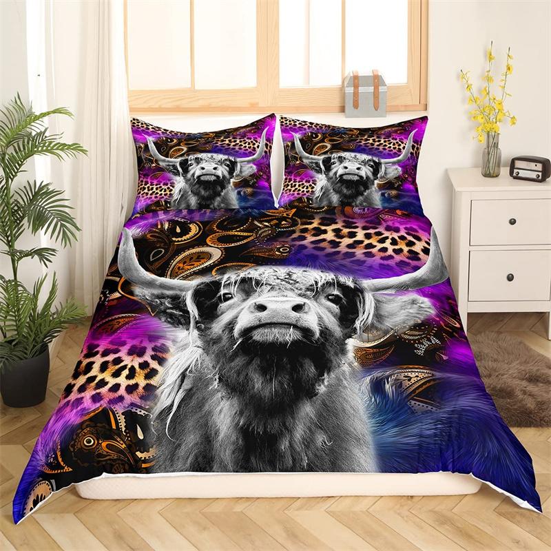 Highland Cow Duvet Cover Western Farm Animal Bedding Set Full King For Boys Girls Microfiber Floral Bull Cattle Comforter Cover