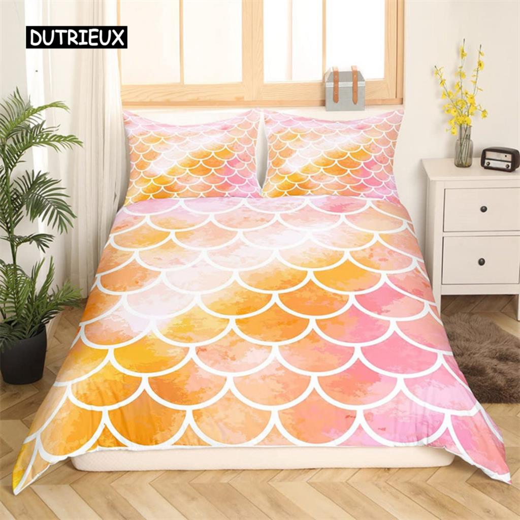 Färgglatt påslakan med sjöjungfruskal, tryck med fiskfjäll, sängklädesset King Full för barn pojkar flickor, havstema, täcköverdrag