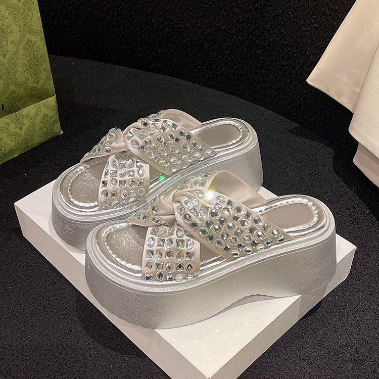 Comemore Platform Slippers Women Summer Shoes Fashionable Sequins Glitter Thick Sole Wedge Sandals Casual Outside Heels Slides