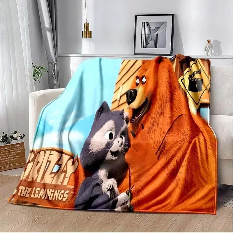 Cute Cartoon Anime Grizzly & The Lemmings Throws Blanket for Beding Hiking Picnic Super Soft Funny Flannel Blanket Birthday Gift