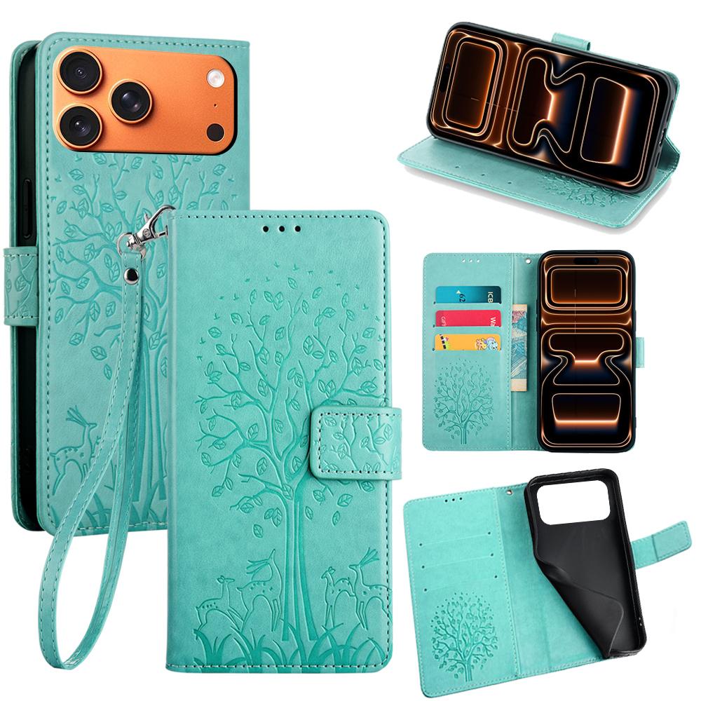 For iPhone 17 Pro Max Case PU Leather Wallet Phone Cover Tree Deer Imprinted