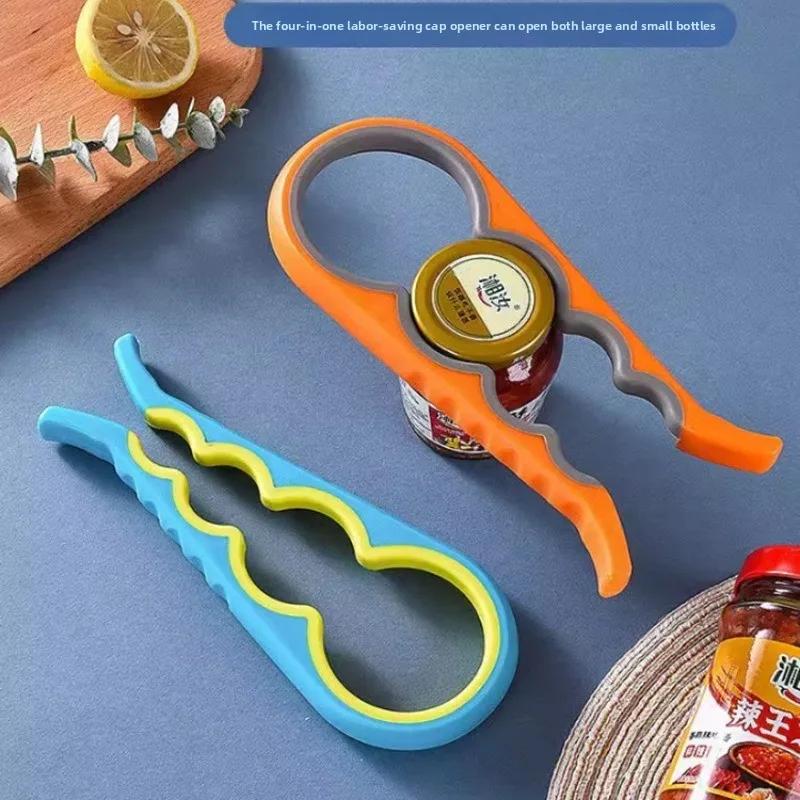 Multifunkční otvírák 4 v 1 - Otvírák na lahve, Odstraňovač víček sklenic & Twister na uzávěry, Protiskluzová rukojeť na plechovky, nápoje, sklenice