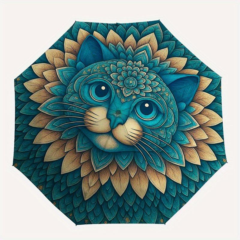 Floral Mandala Cat Wall Art Decor Umbrella, Portable 3-Fold Compact Umbrella for Men & Women R153