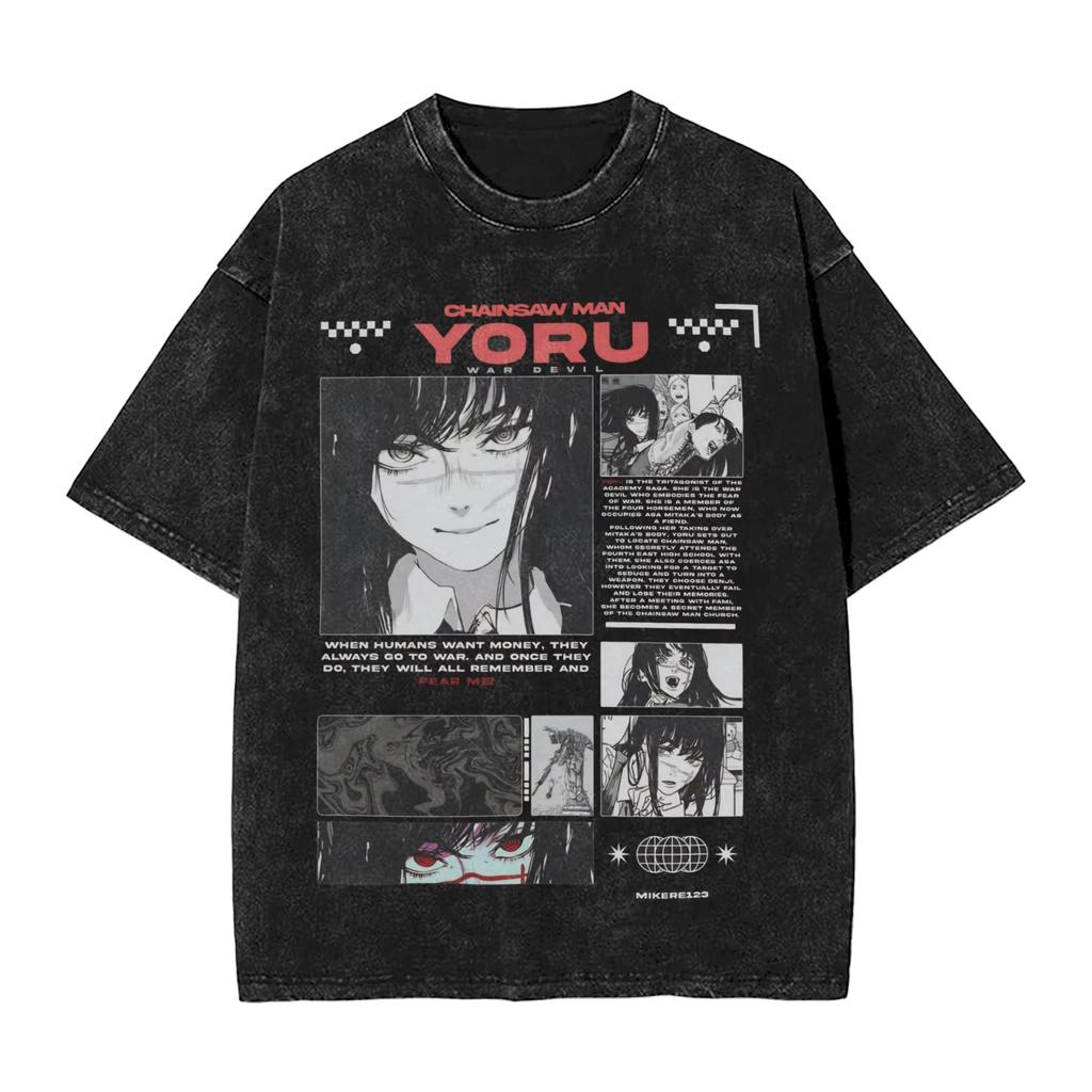 2026 Summer Chainsaw Man Yoru War Devil Washed Anime T-shirt Harajuku Streetwear Oversized Short Sleeve Daily Wear Cool Top
