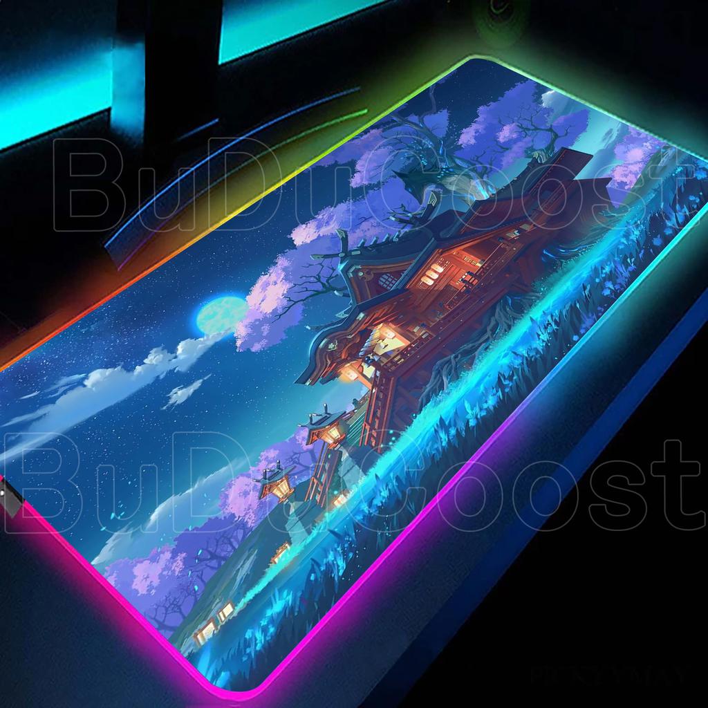 Tappetino per Tavolo da Gioco a LED Stile Anime e Paesaggio Montano Onirico Mouse Pad RGB con Colore Retroilluminato Tappetino per Tavolo Mouse Pad Antiscivolo in Gomma