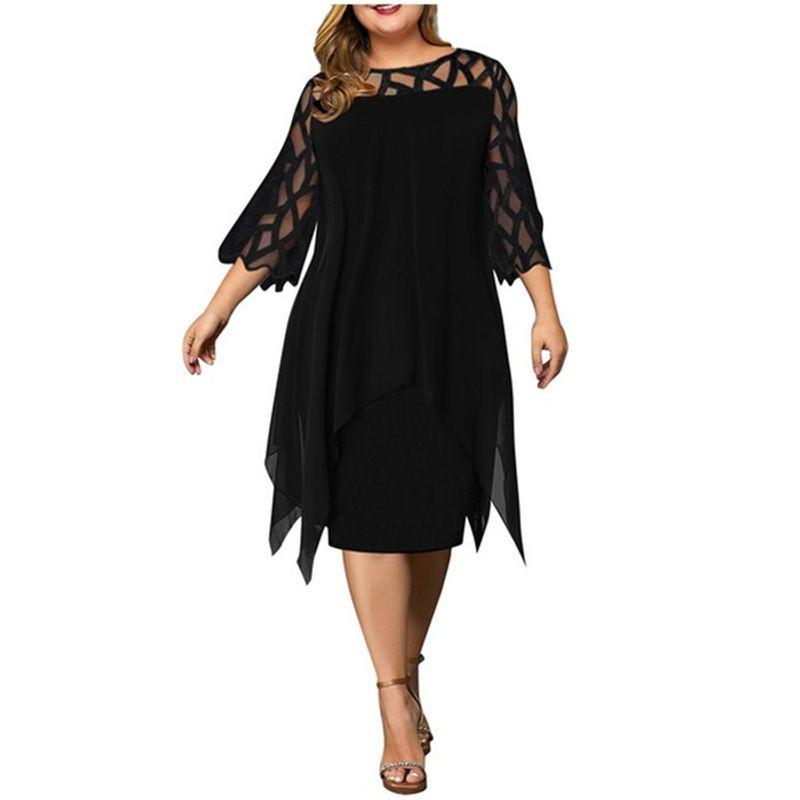 Chiffon Dress Spring European and American Women's Clothing Lace Patchwork 3/4 Sleeve Asymmetrical Hem Chiffon Dress