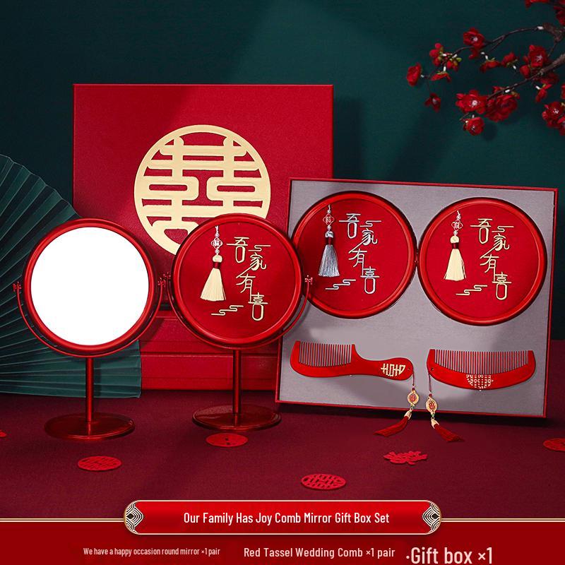 Double Happiness Red Wood Bride Gift Set: Mirror & Comb Collection