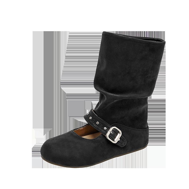 One-pedal medium boots women's autumn new short boots belt buckle thick-soled round head sleeve fashion boots