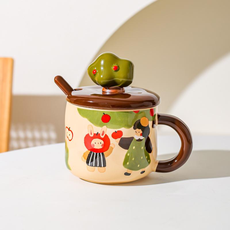 Apple Tree Girl Ceramic Vintage High Value With Lid Spoon Office Water Cup Coffee Cup Breakfast Cup